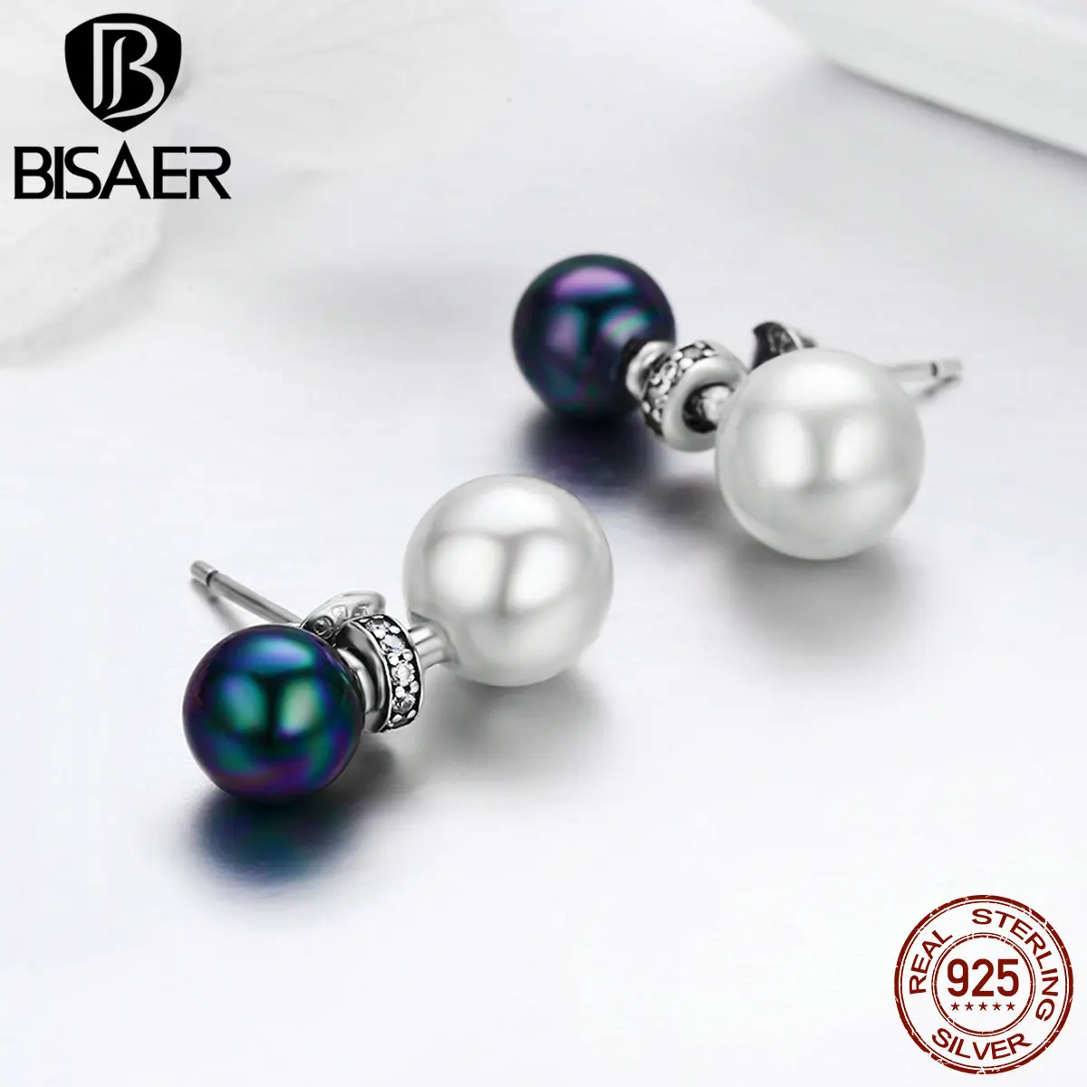 BISAER, 925 пробы, серебряные, двухсторонние, круглые, прозрачные, CZ, маленькие серьги-гвоздики для женщин, Brincos, Стерлинговое Серебро, ювелирное изделие, GXE304