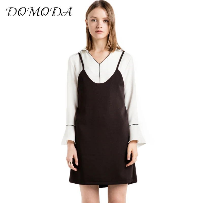 Domoda 2017 Новая Мода 2in1 платье Для женщин с расклешенными рукавами Женский A Line улица