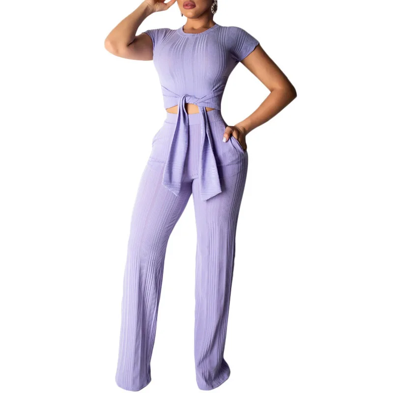 

ELSVIOS Women Knitted 2 Piece Suit Casual Tie Up Short Sleeve Top and Long Pant Wide Leg Jumpsuit With Pocket Solid Women's Sets