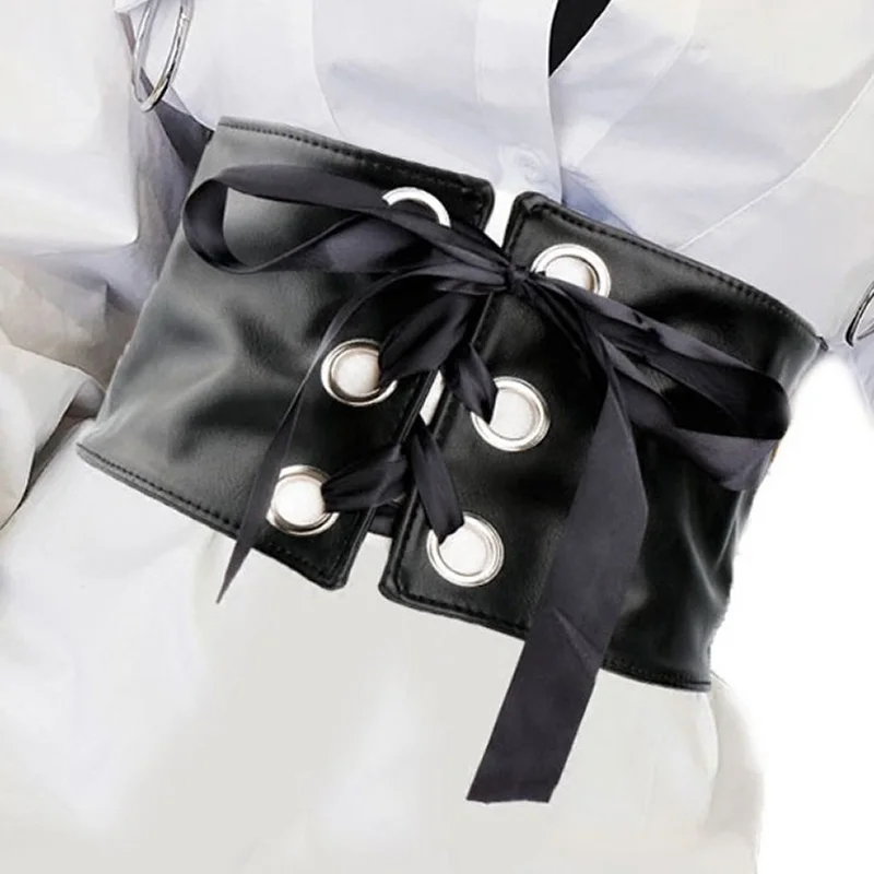 New women's black leather wide corset belt slim body faux leather retro design comfortable stretch belts 2 way close bg-305
