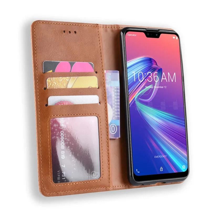Магнитный кожаный чехол кошелек для ASUS ZenFone Max Shot ZB634KL с отделением карт и откидной