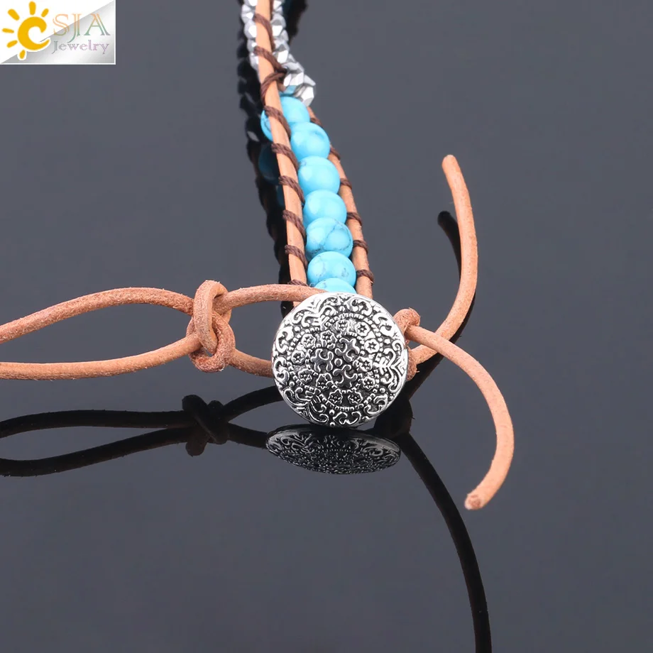 Женский многослойный браслет CSJA плетеный с бусинами голубой бирюз два ряда