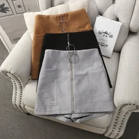 high waist ring zipper shorts 2021 winter new wide leg skirt shorts black sexy shorts female slim skirt shorts