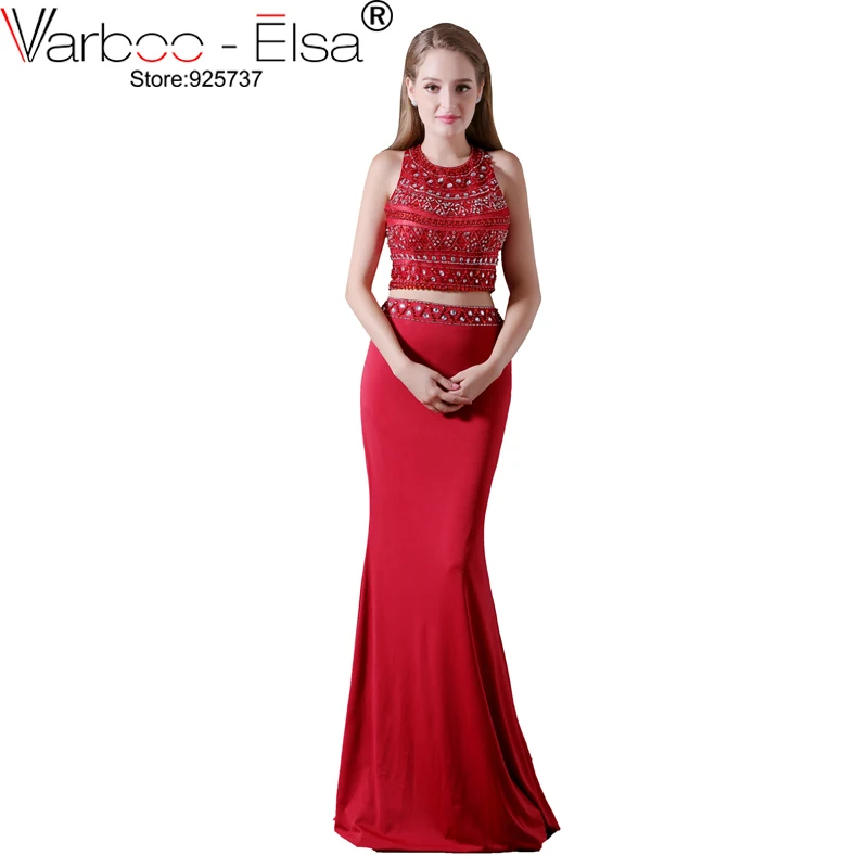 

VARBOO_ELSA 2021 Luxury Crystal Beaded Mermaid Evening Dress Red Satin Long Prom Dress 2 Piece Sexy Hollow Out Graduation Dress