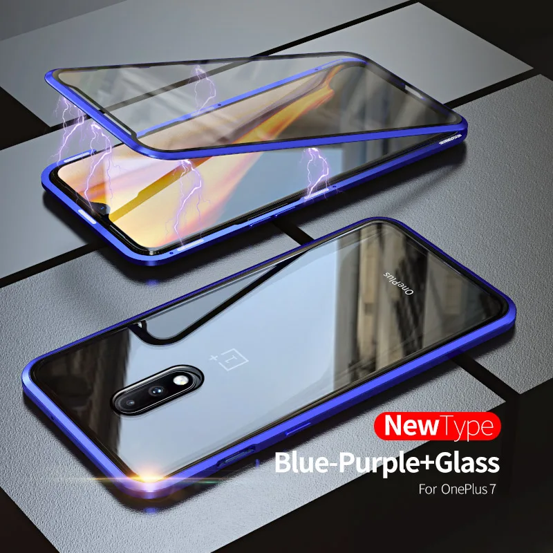 Blue OnePlus 7 Для One Plus7pro Магнитный адсорбционный металлический чехол для Oneplus 7 7 Pro Роскошный 360 Полный чехол Передняя Задняя крышка из закаленного стекла двойная крышка - Цвет: Blue OnePlus 7