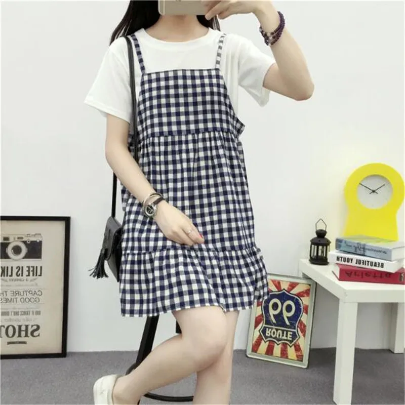 

2018 Spring and Summer Women Two-piece Dress Students Suit Short Sleeves Tops +Suspender Plaid Loose Dress Girls Sweet Clothing