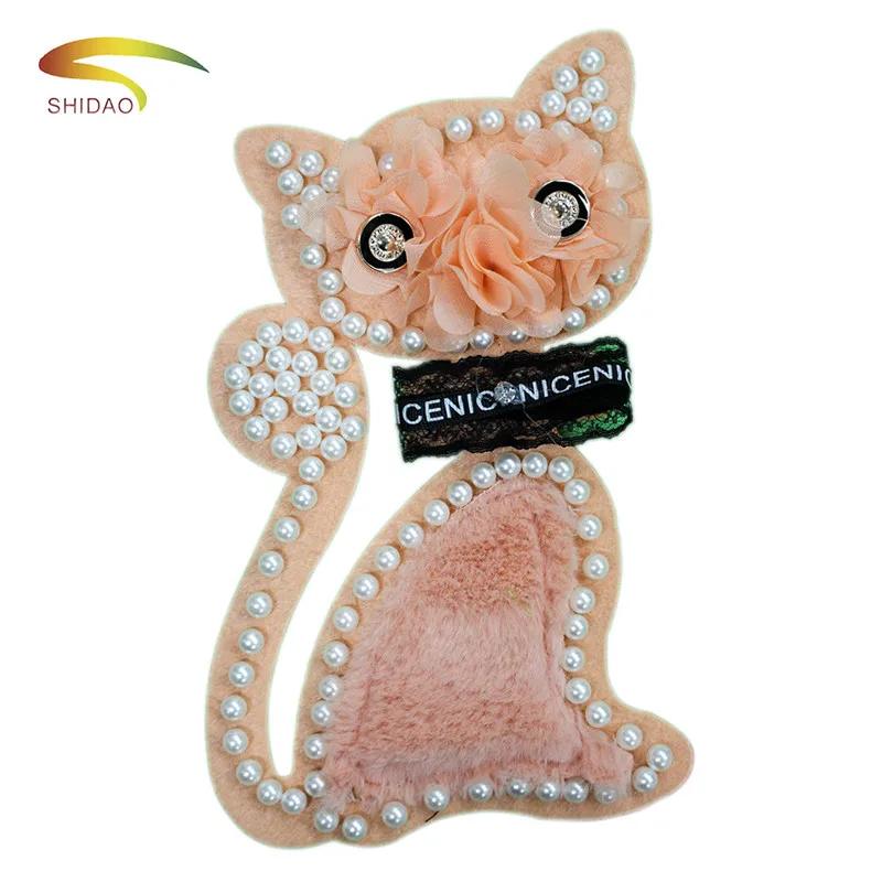 

Big bead brooch chiffon flower fur cat patches applique vintage chiffon patch sew on patch fashion clothing bag decoration patch