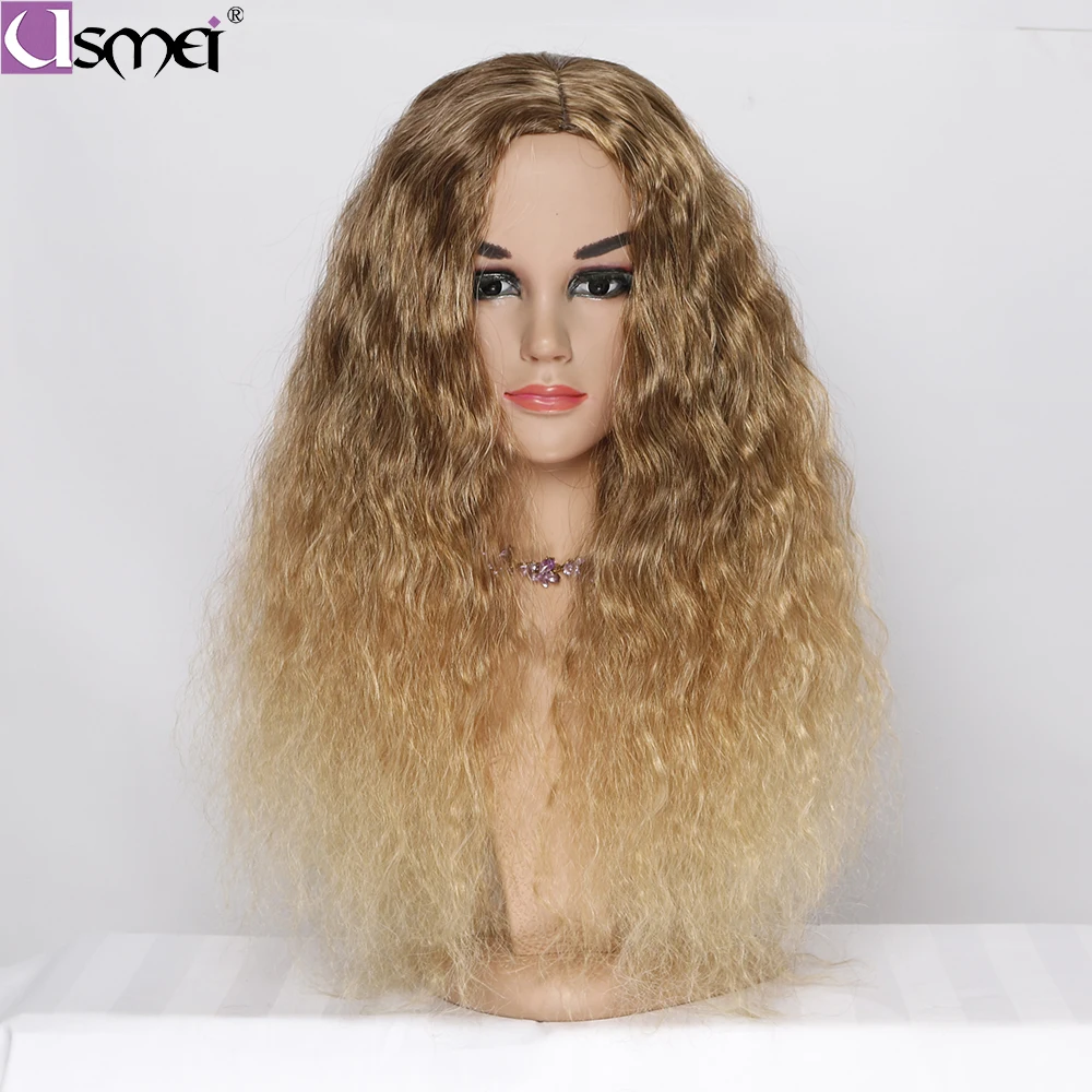 

USMEI 28"long wig natural wavy wigs for women african american synthetic wigs Blonde wig heat resistant fiber Cosplay Ombre hair