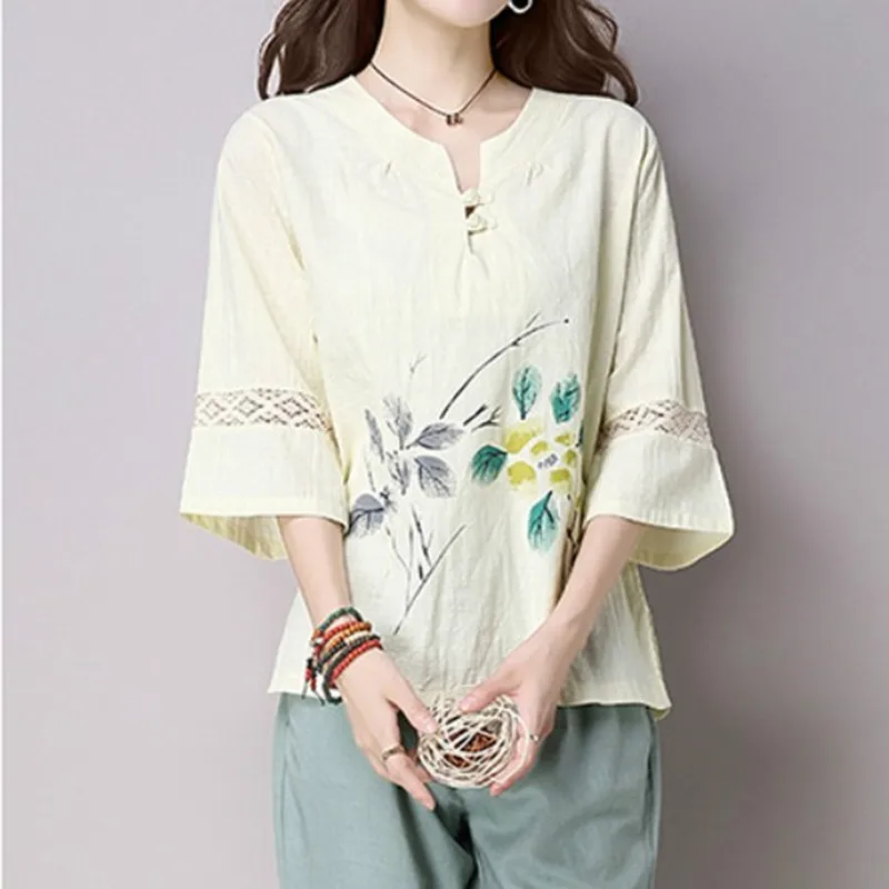 

Summer Floral Print Women Tops Blouses Plus Size 2019 V-Neck Cotton Linen Short Sleeve Shirt Casual Vintage Female Top RE2344