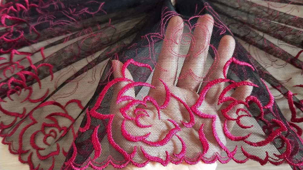 2 ярда кружевная отделка горячие розовые цветы вышитые черные тюлевые кружева