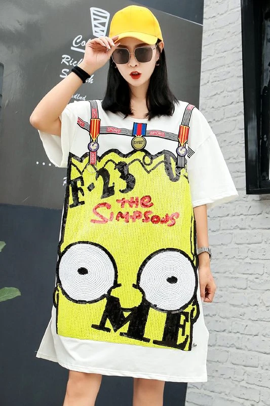 

Summer Women's Heavy Industry Sequin T-Shirt Women's Long Loose Fake Two-piece Cartoon Age-Reduced Open Back T-Shirt Summer