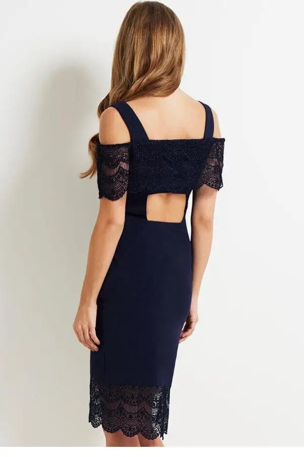 Navy Bardot Trim Hollow-out Midi Dress LC60063 | Женская одежда