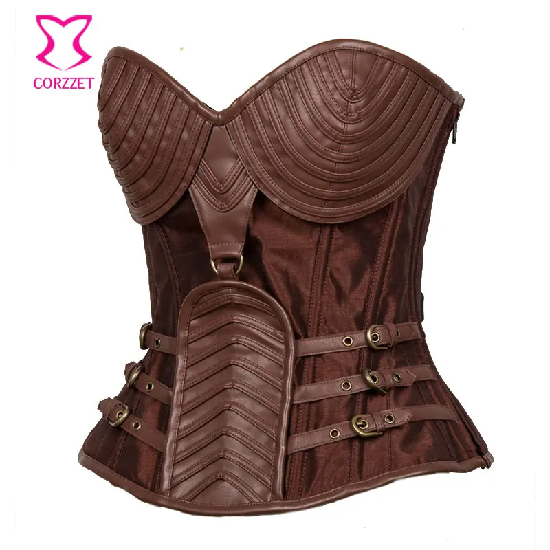 Коричневый панцири из искусственной кожи сексуальный корсет в стиле стимпанк