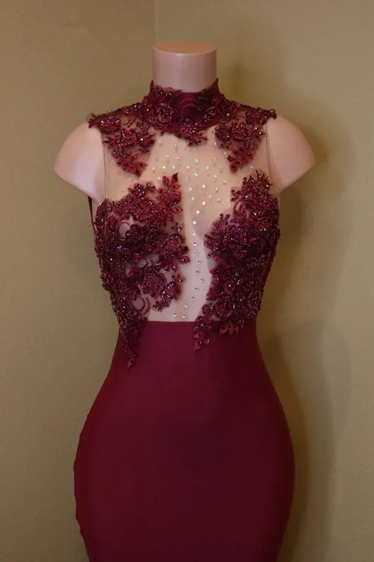 

Burgundy Muslim Evening Dresses Mermaid High Collar Lace Beaded Islamic Dubai Saudi Arabic Long Evening Gown Prom Dress