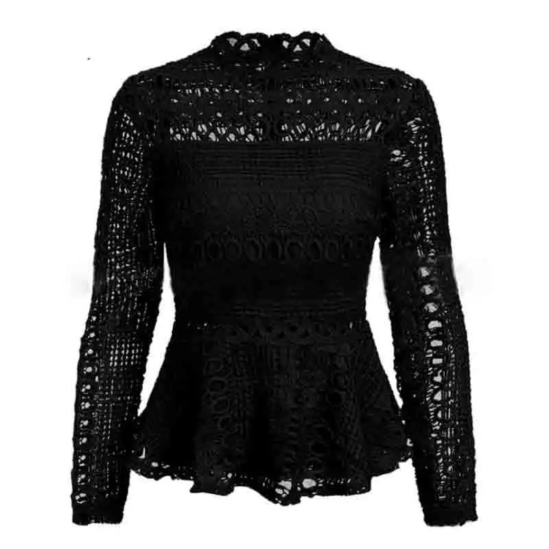 Fannic Elegant Lace Hollow Out Peplum Blouse Shirt Women Ruffles Long Sleeve White Blouse Autumn Winter Tops Office Ladys