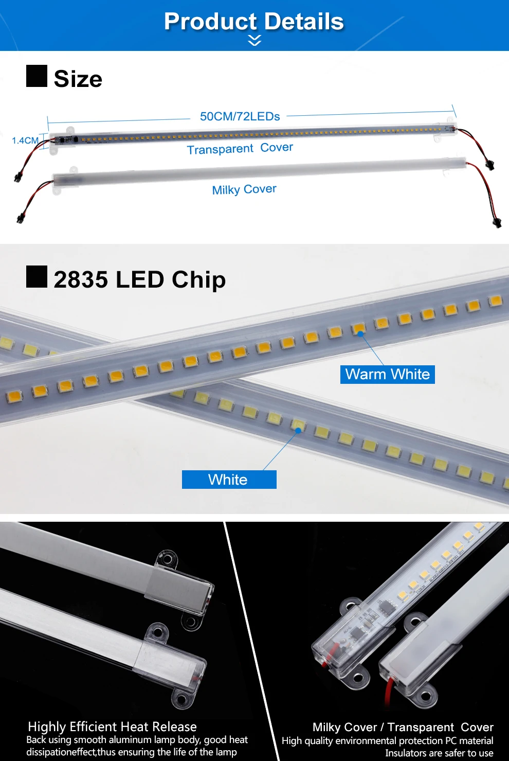 5 шт./лот светодиодный барный свет AC220V 2835 SMD светодиодный светильник 50 см 72 светодиодный s молочный/прозрачный чехол высокая яркость кухонная лампа для шкафа