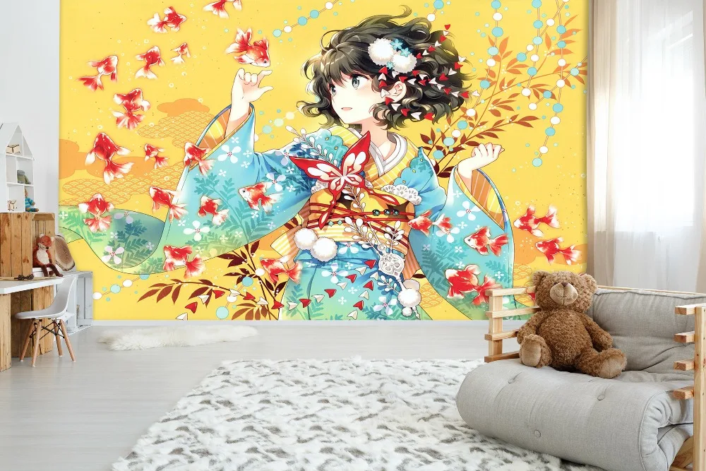 [Самоклеющиеся] 3D Red Koi Group Lucky Kimono Girl 52 Япония Аниме настенная бумага печать