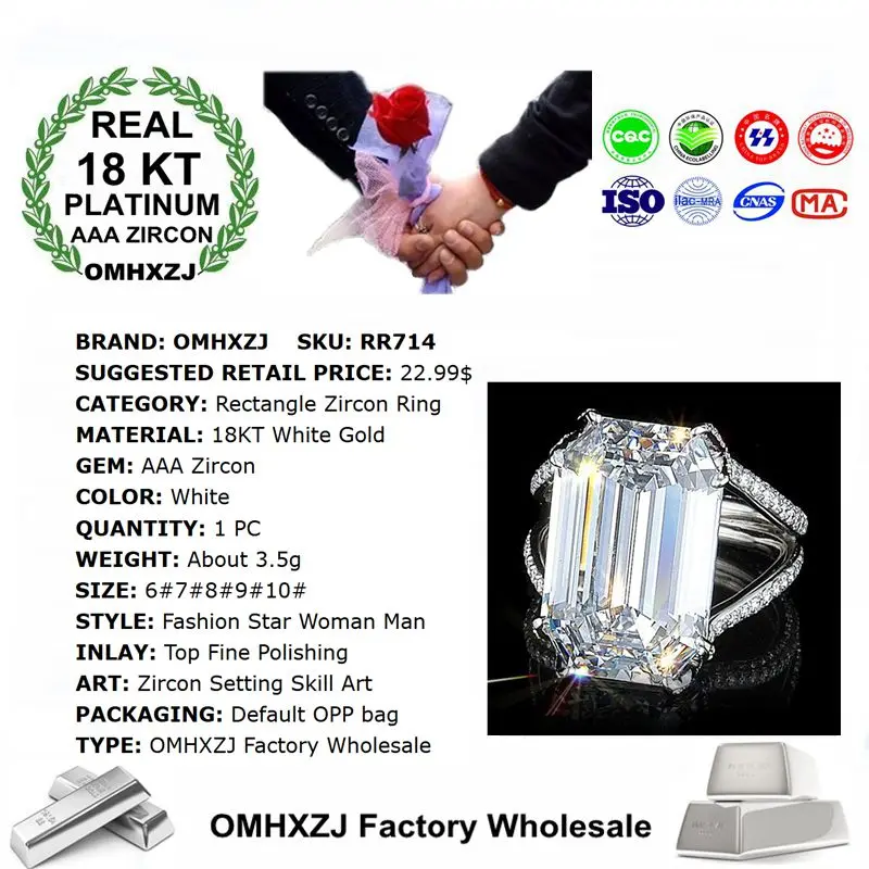 OMHXZJ Wholesale European Fashion Woman Man Party Wedding Gift Rectangle White AAA Zircon 18KT Gold Ring RR714 | Украшения и