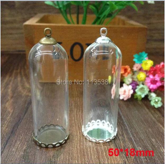 

50sets/lot 50*18mm tube glass globe charm silver/bronze lace base, 8mm metal cap glass bottle vial pendant diy necklace finding