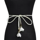 Женский плетеный пояс ручной работы, тонкий пояс с бахромой и цветком белой розы для платья, веревочная цепочка с бантом, Bg-643