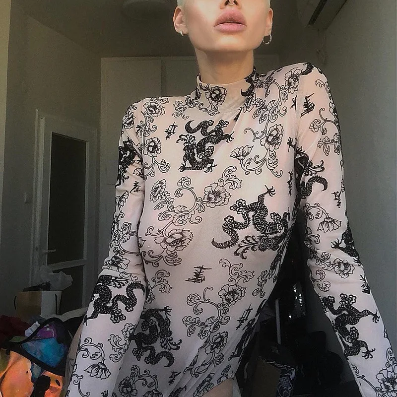 Pholeey Весна для женщин Bodycon Корректирующие боди цветы и Дракон печати высокая
