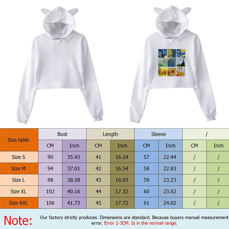 

2018 Van Gogh Painting Print Long Sleeve Cropped Hoodies Autumn Sweatshirt Women Cat Hooded Pullover Crop Tops Winter Sweatshirt