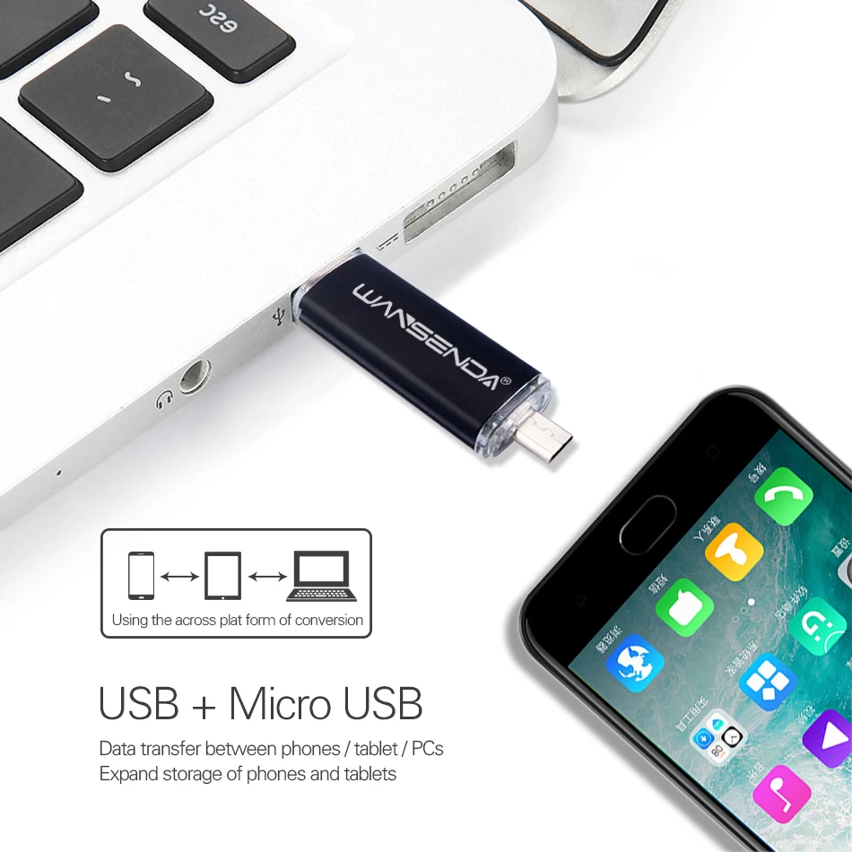 WANSENDA OTG usb флеш накопитель высокоскоростной 128 Гб 64 U диск 16 ГБ 32 256 Флешка 2 в 1 Micro USB