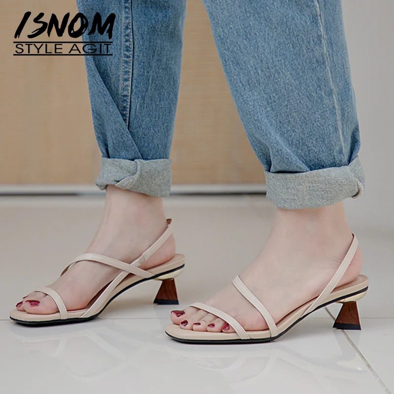 ISNOM Strange Style Sandals Women Cow Leather Summer High Heels Shoes Female Party Concise Ladies 2019 New Green | Обувь