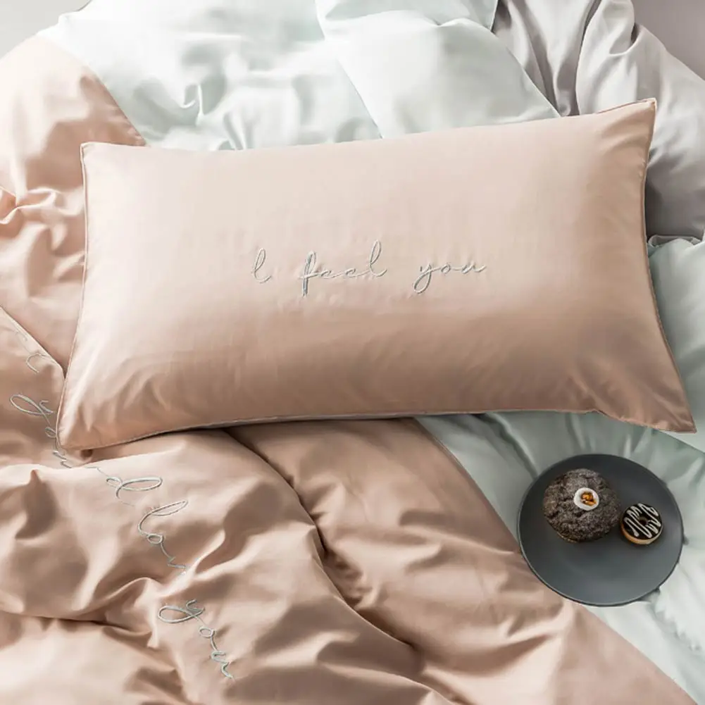 Nordic Light Green Dark INS Embroidery Bedlinens Artificial Silk Satin Duvet Cover Set Queen King Bedsheet Bedding Set