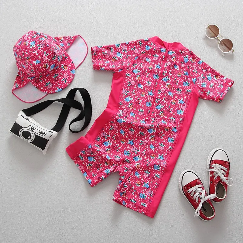 Children's Swimwear Bathing Clothes Girls Floral Print UV 50 Sun Protection One Piece Infant Baby Swimsuits With Hat Beachwear | Детская