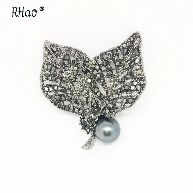 RHao Женская/Мужская корсажная Винтажная брошь в виде двух листьев черного цвета
