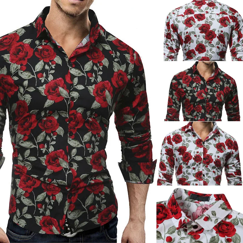 Горячая с длинным рукавом для мужчин Роскошные футболки Slim Fit повседневное роза цветок печатных рубашки для мальчиков черный, белый цвет
