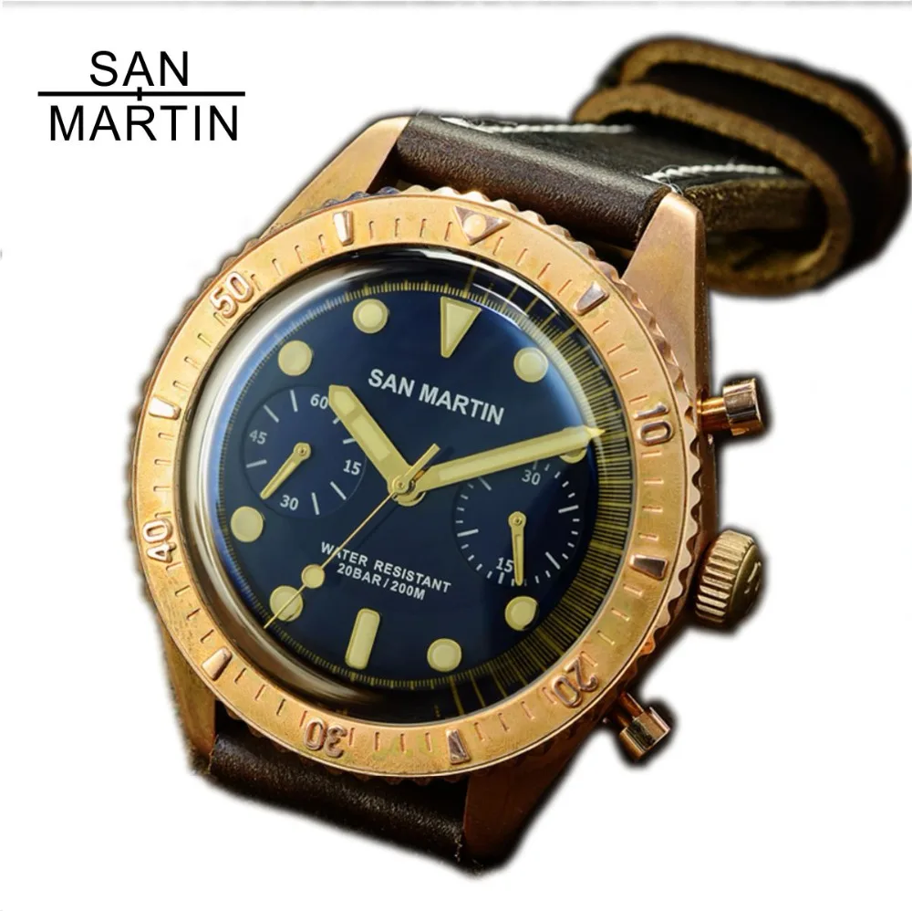 Часы San Martin Sixty-Five бронзовые автоматические часы для дайвинга ETA7753 часы с хронографом 200 м водонепроницаемые бронзовые часы в ретро-стиле