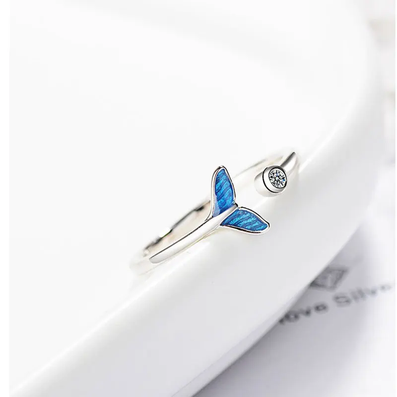 2019 New Arrival 925 Sterling Silver Ring For Women Mermaid Fish Tail Fresh Blue Sea Crystal Rings Sweet Jewelry | Украшения и