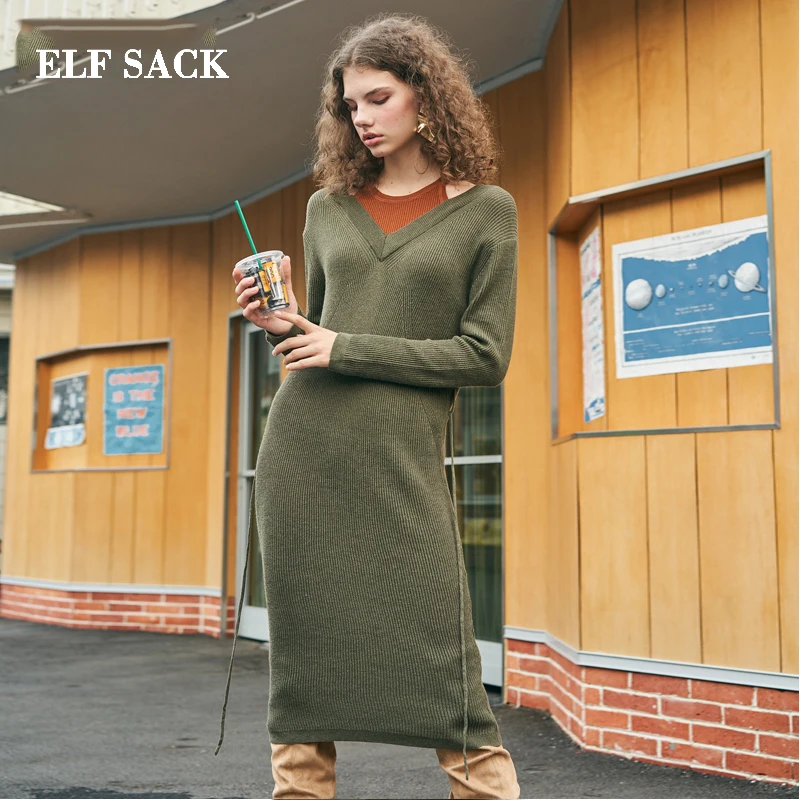 Женское платье с длинным рукавом ELFSACK осеннее до колена О-образным вырезом для