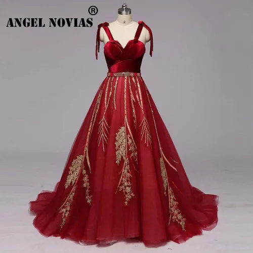 Angel Novias длинное реальное изображение бордовое бальное платье Роскошные арабские Длинные вечерние платья без рукавов платье с золотыми аппликациями - Цвет: Красный