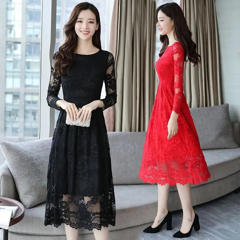 Женское кружевное платье миди с круглым вырезом и длинным рукавом|dress robe|lace dressmidi