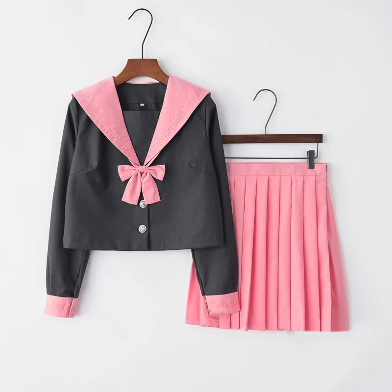 

Autumn New School Girl Uniform Korean Japanese Performance Student Uniforms Pink Black Splice Top Pleated Skirt Sailor Suit