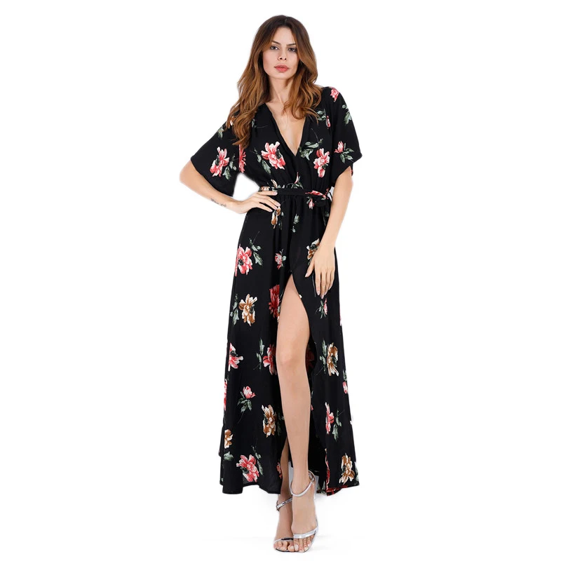 Открыть ног цветочный длинное платье boho Короткие рукава с v образным вырезом