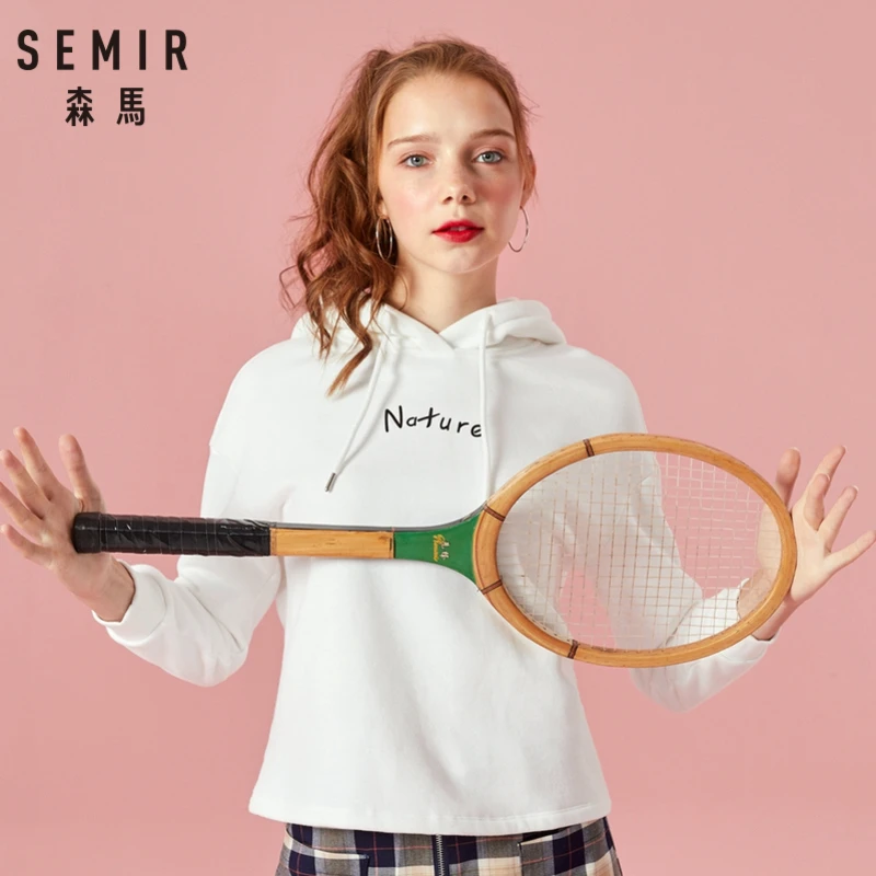 SEMIR Женская флисовая толстовка с капюшоном и принтом пуловер опущенным плечом на