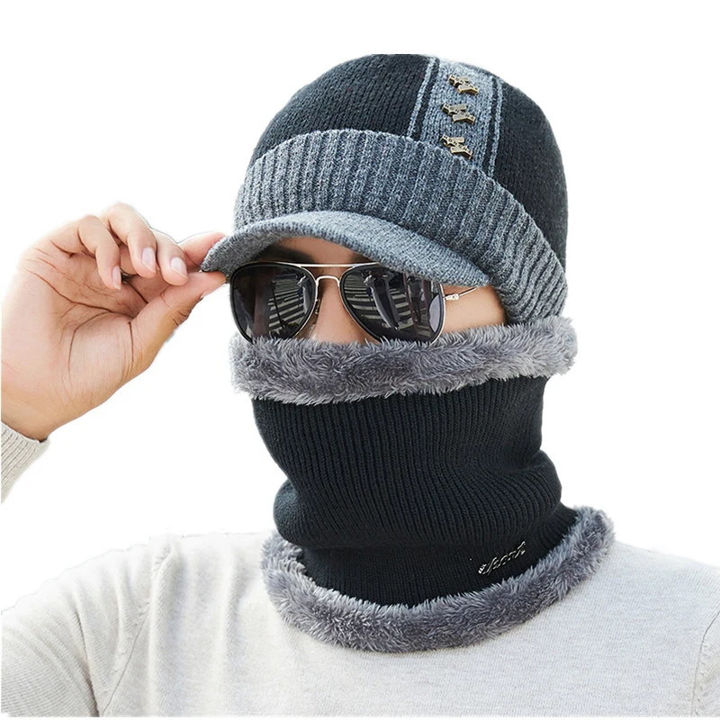 SUOGRY Зима Skullies шапочки шапка шарф набор для мужчин вязанные шапки кепки мужской