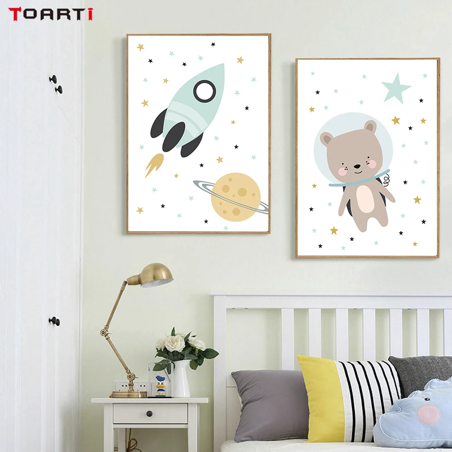 Cartoon Bear Rocket Planet Reach Quotes Wall Art Canvas Painting Nordic Poster And Prints Pictures For Kids Room Home Decor | Дом и сад