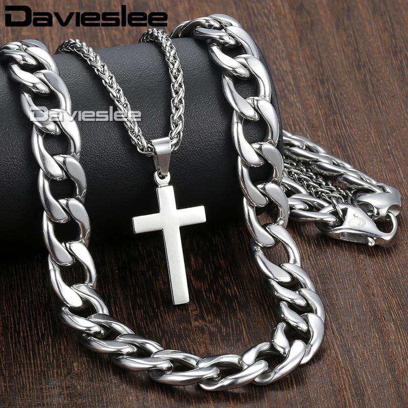 Davieslee Necklace For Men Silver Stainless Steel Cuban Wheat Link Chain Cross Pendant 2018 Jewelry 13mm 24inch LDN01 | Украшения и