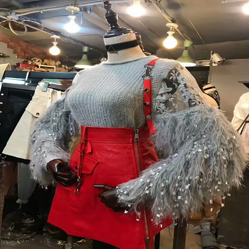 Свитер Женский вязаный однотонный с кружевными рукавами | Женская одежда