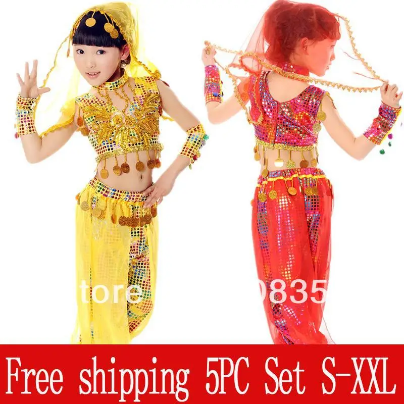 

Children's Day Indian Dance Clothes National Dancing Performance Wear Girls Belly Dance Veil Belt Top+Pants 5pc Set