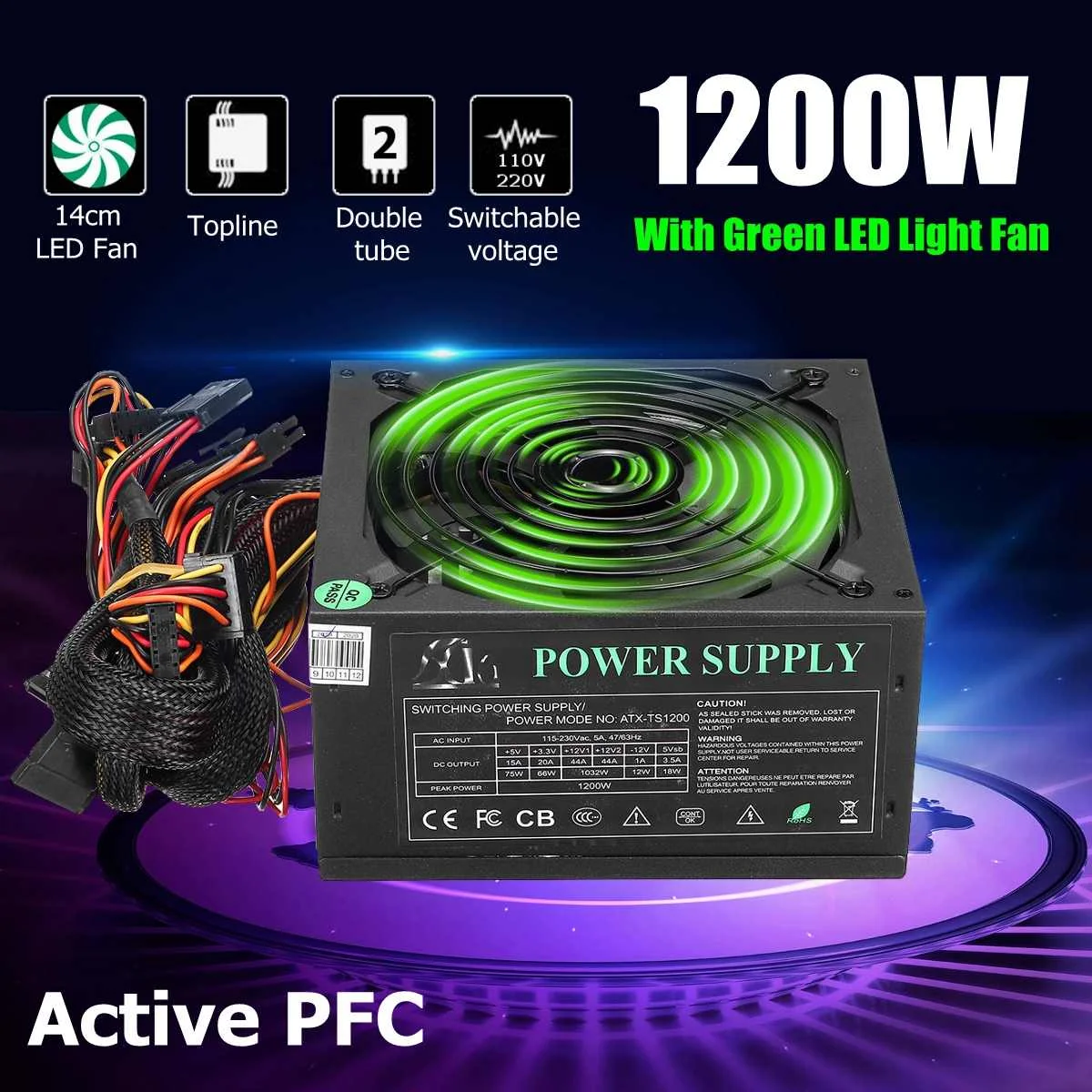 1200 Вт ПК Питание для компьютера модуль PC PSU 24Pin SATA 6Pin 4Pin тихий светодиодный вентилятор 80 Plus