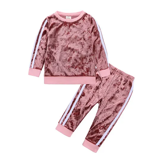 Pink Комплект одежды из золотого бархата для маленьких девочек, весенне-осенняя одежда для девочек, топы с длинными рукавами и штаны комплект модной детской одежды из 2 предметов - Цвет: Pink