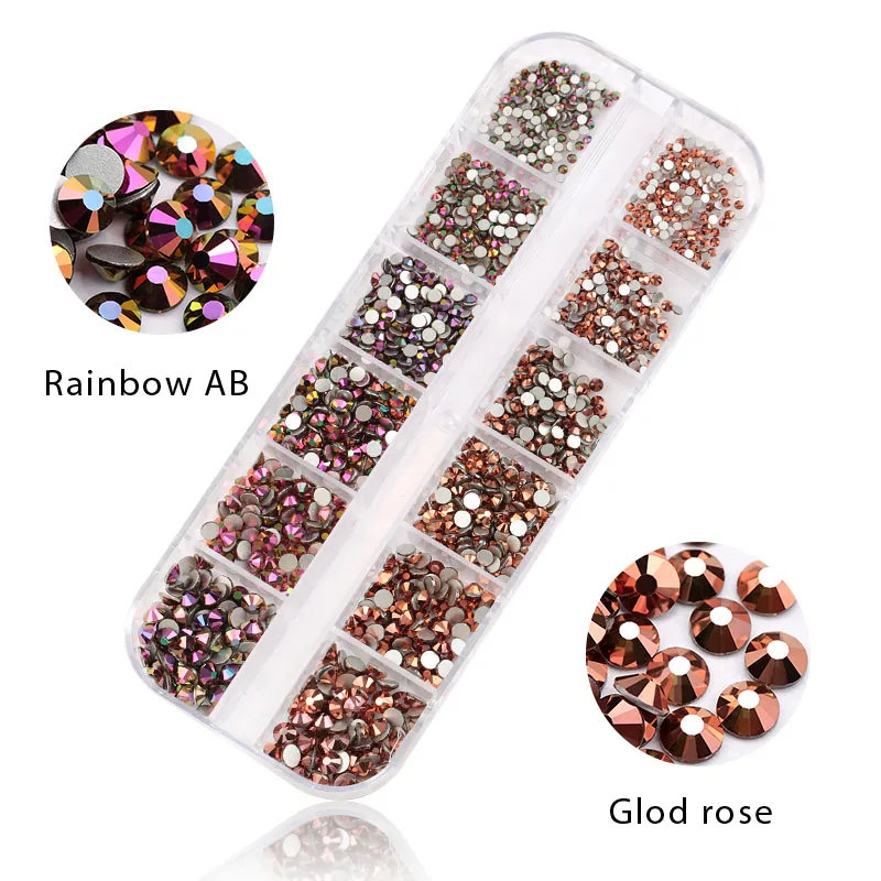 Rainbow AB-Gold rose 1440 шт многоразмерные стеклянные стразы кристалл страз перегородка смешанный размер DIY Маникюр 3D ногти искусство стразы украшения - Цвет: Rainbow AB-Gold rose