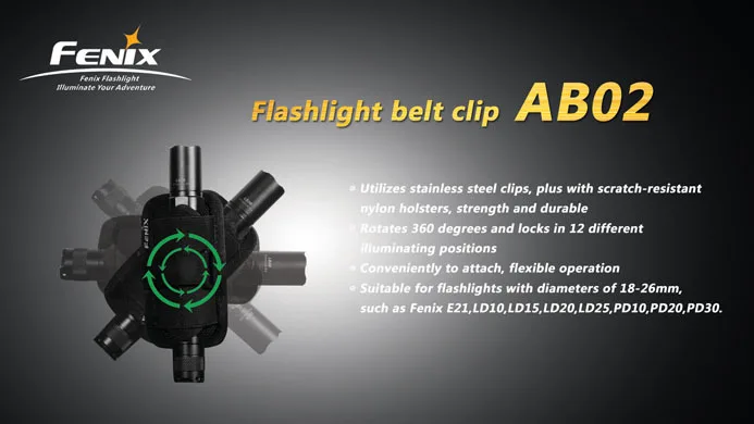 1pc Fenix Flashlight belt clip AB02 Suitable for E35 UE/E25/E20/LD22/UC30/LD12/LD11/PD32/PD25 Diameter 18-26mm |