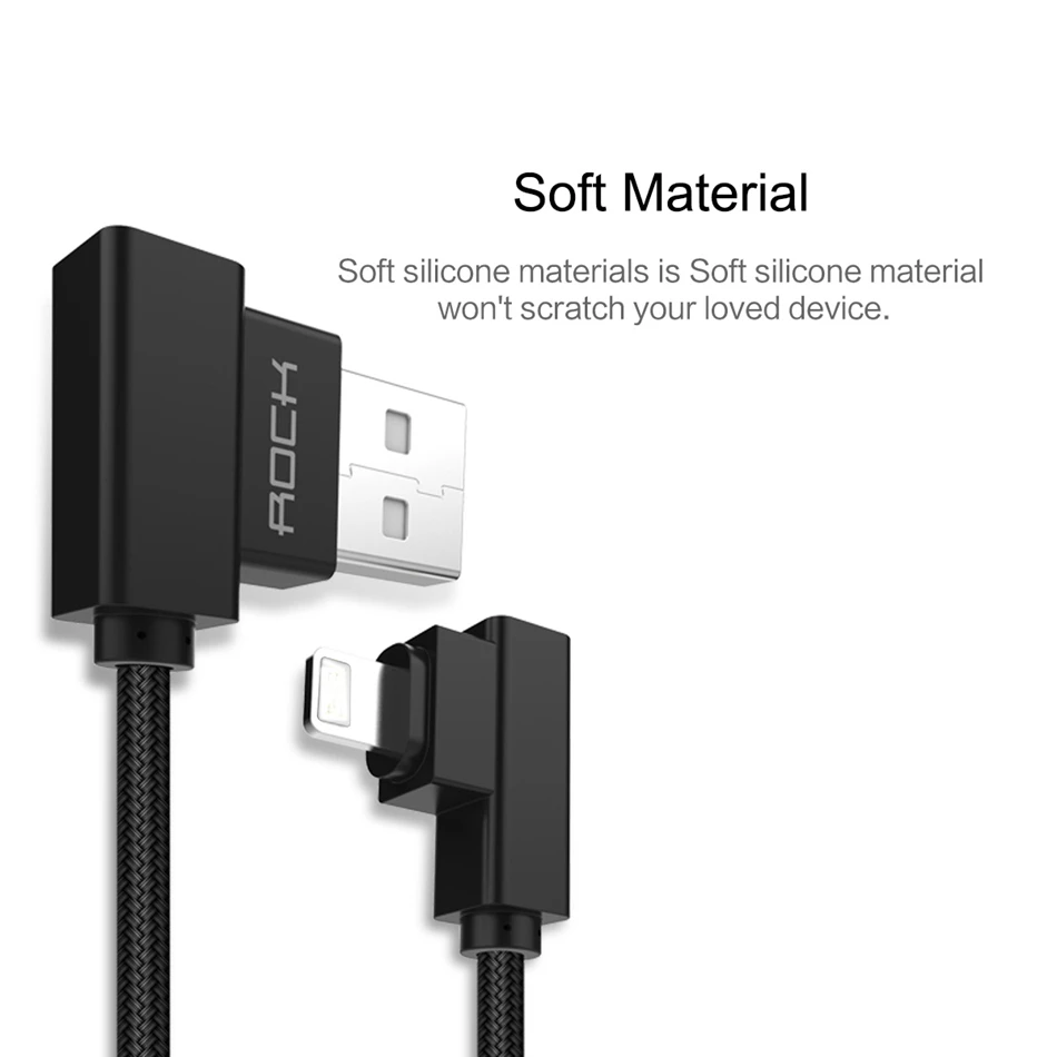 ROCK мобильный телефон USB кабель для передачи данных для iPhone X 8 7 6 5 плюс прямоугольный разъем(под углом 90 градусов), 2.1A быстро Зарядное устройство для синхронизации данных Шнур для iPad 2/3/4 Air Pro